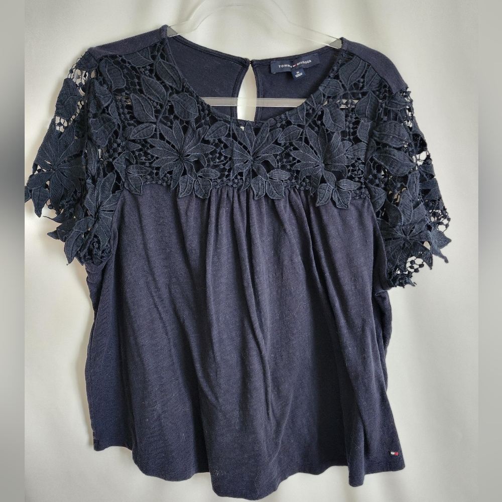 Tommy Hilfiger Navy Crochet Mixed Media Top